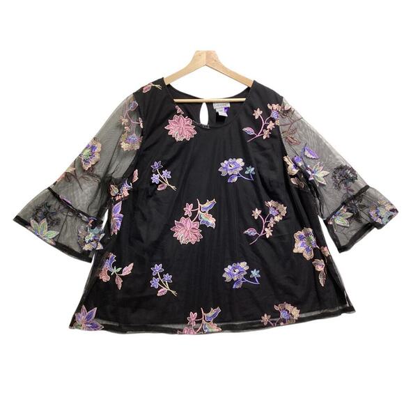 Catherine’s Floral Embroidered Mesh Overlay Top Blouse Sz 1XP Black - Picture 2 of 5